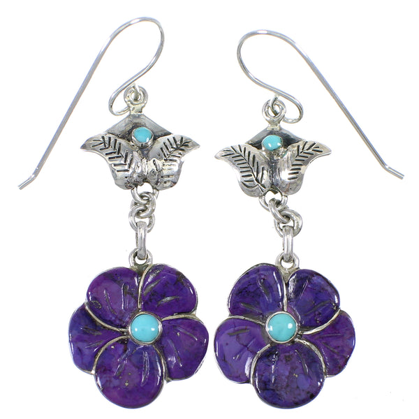 Silver Turquoise And Magenta Turquoise Flower Southwest Hook Dangle Earrings WX76383